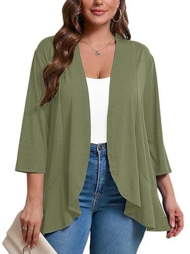 AusLook Women's Plus Size 3/4 Sleeve Lightweight Open Front Cardigan Light Green 3X Draped Ruffles Causal Cover Ups Shrugs Tops Shawls and Wraps Kimono Jacket Coat - Image 1