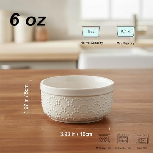 UNICASA Ramekins 6 oz, Set of 6 Ceramic Bowls with 3 Embossed Patterns, Thick Wall Oven & Dishwasher Safe for Souffles, Mini Pies, Meal Prep - Thumbnail 3