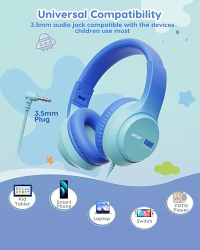 Acer Kids Headphones, 74/85/94dB Volume Limiter, Foldable Wired Over Ear Headphones for Travel, 3.5mm Jack, Toddler Headphones for School, iPad, Chromebook, Tablet, Blue - Thumbnail 6