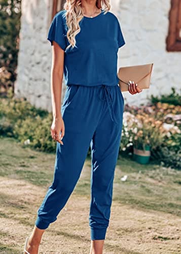KIRUNDO Jumpsuits for Women Summer 2026 Casual Short Sleeve One Piece Outfits Drawstring Waist Long Pants Romper Jumpers(Dark Blue, X-Large) - Thumbnail 2