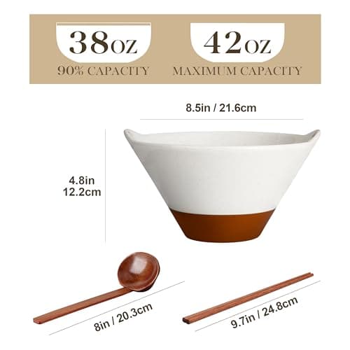 MALACASA 42 oz Ceramic Ramen Bowl Set with Wooden Spoon & Chopsticks, Japanese Style Soup Bowls for Ramen, Pho, Noodles – Set of 2, Microwave & Oven Safe – TARA Series (White and Khaki) - Thumbnail 2