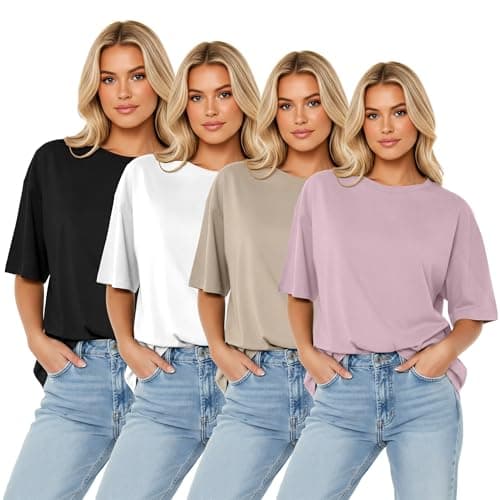 LETSEE 4 Pack Oversized Tshirts for Women Short Sleeve Workout Shirt Crew Neck Loose Fit Baggy Tee Tops Basic Clothes (1 Dark Pink 1 Khaki 1 White 1 Black, X-Large) - Image 1