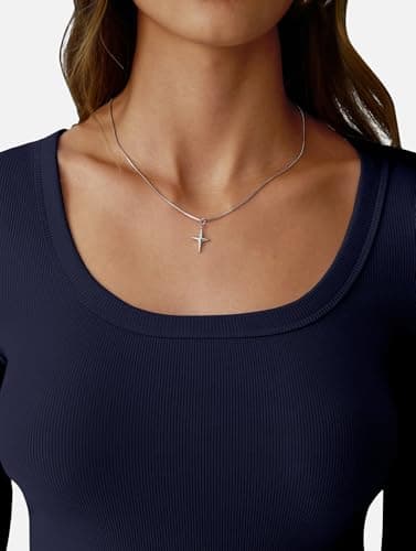 GKBK Womens 3/4 Sleeve Scoop Neck Tops Ribbed Knit Slim Fitted Casual Basic Tee Shirts 2026 Summer Fashion Trendy Work Casual T-Shirt Workout Outfits Thermal Undershirts Clothes Navy Blue S - Thumbnail 5