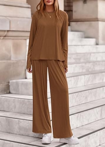 KIRUNDO Spring 2 Piece Lounge Sets for Women Long Sleeve Ribbed Knit Tops Wide Leg Pants Matching Travel Outfits Postpartum(Caramel, Small) - Thumbnail 5