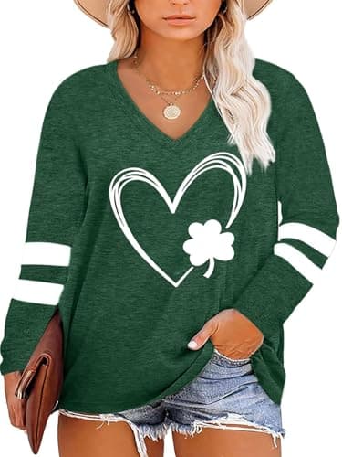Plus Size St Patricks Day Shirt Women Funny Irish Festival Holiday Long Sleeve Tops Lucky Green Tee T-Shirt