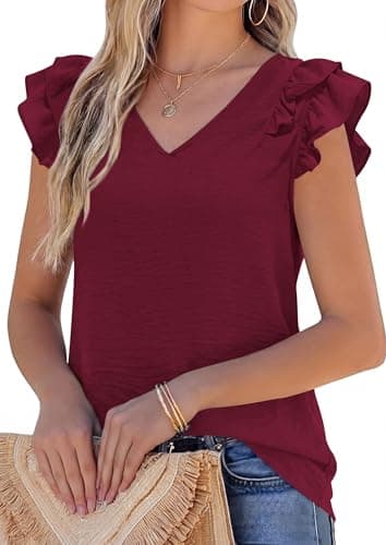 PRETTYGARDEN Blouses for Women Dressy Casual Summer Going Out Tops 2026 Spring Business Work V Neck Ruffle Cap Sleeve Shirts (Burgundy,X-Large) - Image 1