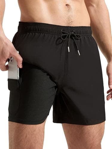 Arcweg Mens Swimming Trunks 2 in 1 with Boxer Liner 5.5" Quick Dry Swimwear Bathing Suit Swim Shorts with Zipper Pockets Black - Image 1