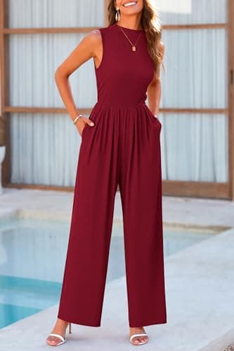 PRETTYGARDEN Womens Summer Jumpsuits Dressy Casual One Piece Outfits Sleeveless Mock Neck Wide Leg Pants Rompers with Pockets (Wine Red,X-Large) - Thumbnail 6