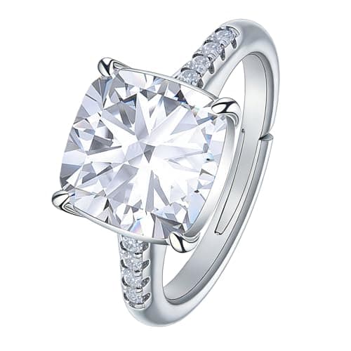 4 Carat Moissanite Engagement Ring for Women, Cushion Cut 4CT Moissanite Wedding Ring, 14K Rose Gold/White Gold Plated Adjustable Bridal Promise Ring, Hypoallergenic Anniversary Ring with Gift Box (42 Silver SIZE 4-7) - Image 1