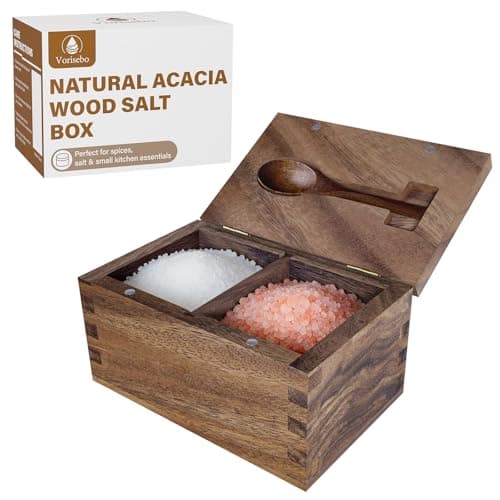 Vorisebo Large Capacity Acacia Wood Salt Container with Magnetic Flip Lid & Built-in Spoon, 20 OZ Kitchen Salt Holder, Elegant Salt Cellar Box to Storage Pepper, Herbs, Spice or Favorite Seasonings - Image 1