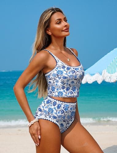 ZAFUL Tankini Swimsuit Tummy Control Bathing Suits Two Piece Swim Top with High Waisted Bottom Shell Stitch Swim Suits 2025 Blue Floral XXL - Thumbnail 3