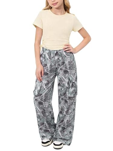 AMAWMW Girls Clothes Summer Outfits Short Sleeve Ruched T-Shirt Tops and Camo Cargo Pants 2Pcs Teen Clothing White 15-16Y - Image 1