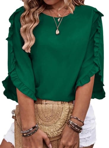 Eytino Plus Size Women Blouses Crewneck 3/4 Length Sleeve Ruffle Tops Dressy Casual Business Work Office Shirts Summer Clothes Outfits,4X Dark Green - Image 1