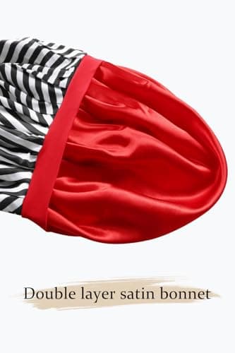 Vettres Floral Satin Bonnet For Sleeping Women Double Layer Pleated Design Adjustable Shower Cap For Curly Hair Black White Stripes - Thumbnail 2