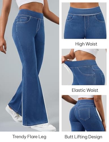 AVAMO Stretchy Flare Jeans for Women High Waisted Pull On Bell Bottom Jeans Trendy Elastic Tummy Control Denim Pants - Thumbnail 5