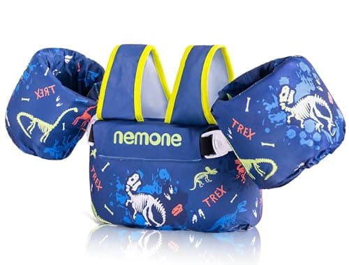 NEMONE Toddler Swim Vest for 22-70 lbs Kids Floaties Swim Jacket with Arm Water Wings for Girls Boys 2 3 4 5 6 8 Years Old Sea Beach Pool (Black Dinosaur) - Image 1