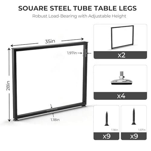 SNYXXOZ Table Legs 28”H x 35”W Heavy Duty Metal Furniture Legs Square for Dining Table Kitchen Table Office Desk Table Base Replacement with Adjustable Feet Pads Screws 1000 LBS Load Black Set of 2 - Thumbnail 2