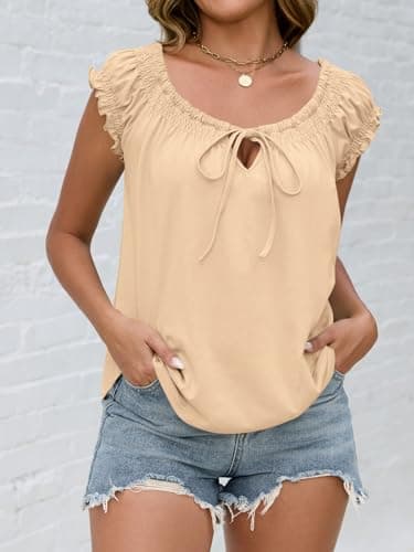 Beloyoni Womens Babydoll Tops Summer Tie Front Cap Sleeve Tank Top Dressy Casual Loose Fit Peplum Blouses Cute Flowy Shirts Beige XS - Thumbnail 6
