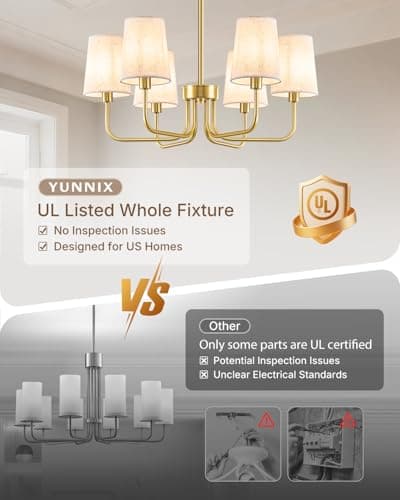 Yunnix 6-Light Gold Chandelier for Dining Room, Modern Chandelier Light Fixture with White Linen Shades, UL Listed Farmhouse Brass Chandeliers for Living Room Kitchen Bedroom Entryway Foyer - Thumbnail 2