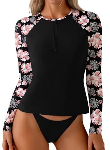 Dokotoo Women's Beachwear Rash Guard Top Long Sleeve Zip Up Swimming Shirt for Snorkeling and Vacation Black Large - Image 1