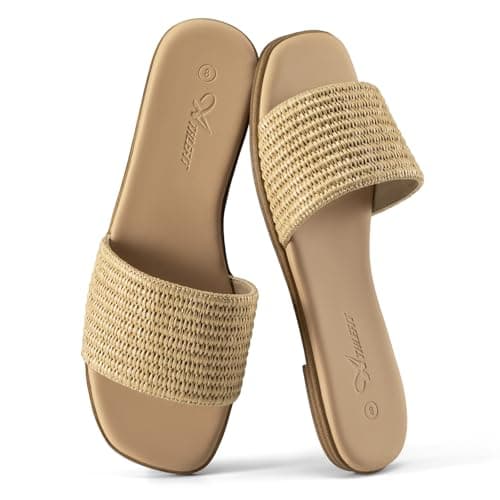 Athlefit Tan Raffia Flat Sandals for Women Dressy Square Open Toe Comfortable Slip On Beach Casual Slide Sandals Size 7 - Thumbnail 6