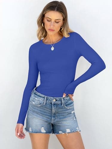 ANRABESS Women Long Sleeve Shirts Rib Knit Slim Fit Tops Basic Tee Spring Outfits Casual T-Shirt Underscrubs Layer Clothes Royal Blue Medium - Thumbnail 2
