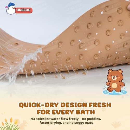 UNEEDE Kids Bathtub Mat Non Slip - Natural Rubber Baby Bath Mat for Tub, Cute Brown Bear Shape Toddler Bath Mat with 126 Suction Cups & 43 Drainage Holes, Soft & Machine Washable Bathroom Essentials - Thumbnail 5