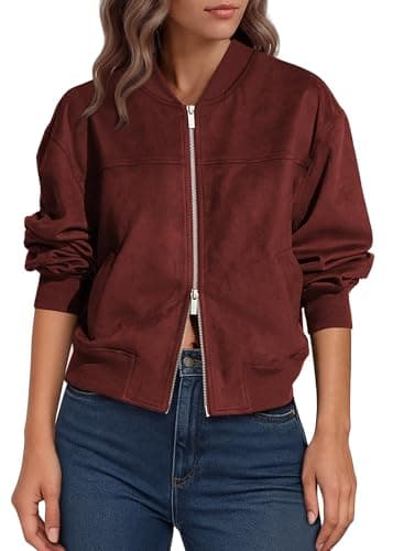 Lazysmile Women's Faux Suede Bomber Jackets Fall Fashion Outfits Winter Clothes Stand Collar Zip Up Coats Outwear with Pockets - Image 1