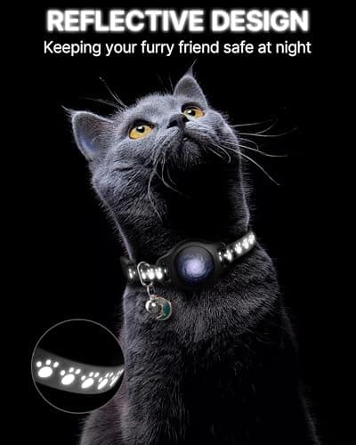 Cat Tracker Collar Waterproof Airtag Cat Collar with Finder Tag (iOS ONLY Not for Android Devices), Compatible with Apple Find My, Breakaway Tractive with Reflective Pattern & Bell, Black, 8-12" - Thumbnail 4