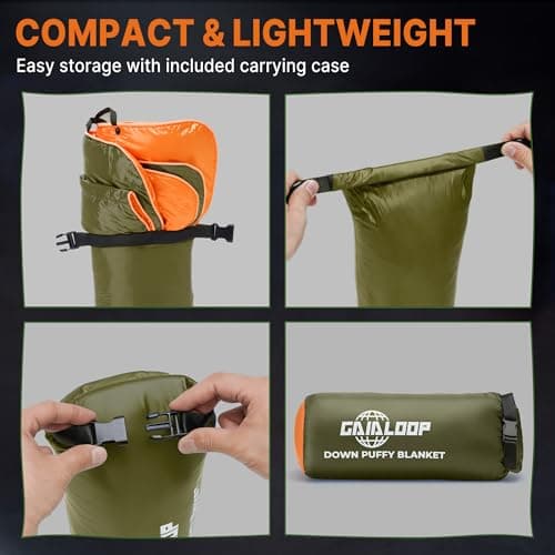 Gaialoop Down Puffy Blanket for 2 Person Car Camping Outdoor Travel Backpacking, 80% Duck Down & 20% Feather Lightweight Portable Soft Warm Cozy Camping Blanket Quilt, Olive Green - Thumbnail 6