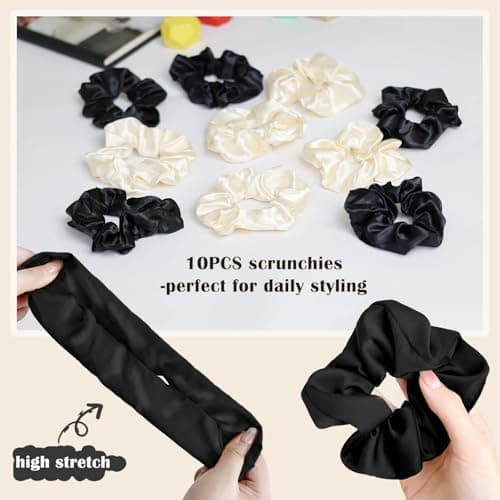 Women's Silky Bonnet - Long Tie Sleep Cap, Curly/Natural Hair, Adj. Night Hat, +10 Scrunchies, Mom/Wife - Thumbnail 5