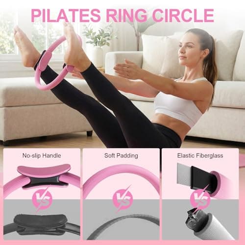ElaraFit Home Pilates Ring and Ball Set for Women with 5 Resistance Bands 13 inch Magic Circle Workout Starter Kit for Beginners Full Body Toning 15 Min Daily Routine,Pink Mix - Thumbnail 6