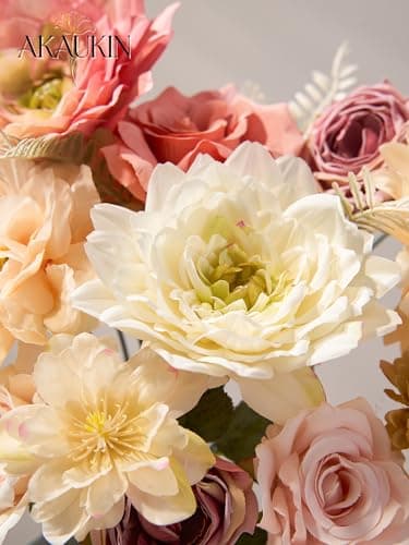 AKAUKIN Light Pink Artificial Flowers Combo, Fake Silk Dahlia Roses Bulk with Stems Box Mix for Wedding Bridal Bouquets, Baby Shower, Party, Table Centerpieces, Home Decor & DIY Floral Arrangements - Thumbnail 5