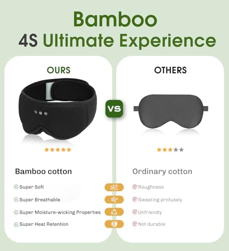 Bamboo Cotton Large Sleep Mask with Bluetooth Wireless Headphones - Blackout Eye Mask for Sleeping 3D Contoured Sleep Headband Ear Muffs Lengthen & Low Noise Hook for Better Experience (Black) - Thumbnail 3