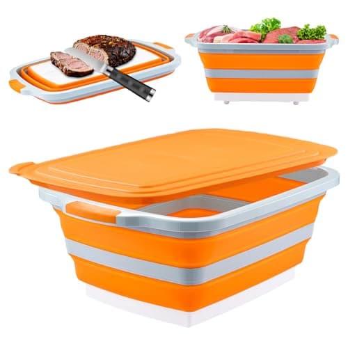 Collapsible BBQ Prep Tub with Cutting Board & Lid, Folding Food Container BPA-Free Heavy-Duty, Dishwasher Safe, Upgraded Drain Hole - for Camping, Grilling Outdoor Cooking (Orange, XX-Large) - Image 1