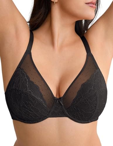leviace Minimizer Bras for Women Supportive - Lifting Full Coverage Sexy Lace Unlined Underwire Plunge Comfortable Bra for Large Busted, Plus Size Bralette for Heavy Breasts, Black, 36DD - Image 1