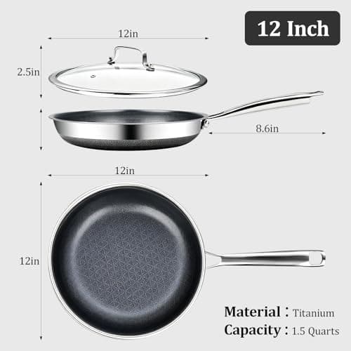 FUDELAI Non Stick Frying Pans,12-inch Titanium Hybrid Pan with Lid, Stay-Cool Handle, Professional Frying Pan, Dishwasher Friendly, Oven Safe, Compatible with All Cooktop - Thumbnail 2