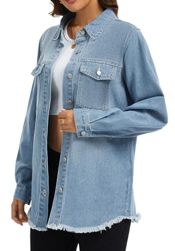 Bosmeer Oversized Denim Jackets for Women Button Down Denim Jacket Western Shacket Jacket with Pockets Frayed Hem Distressed Denim Shirts Country Outfits - Thumbnail 3