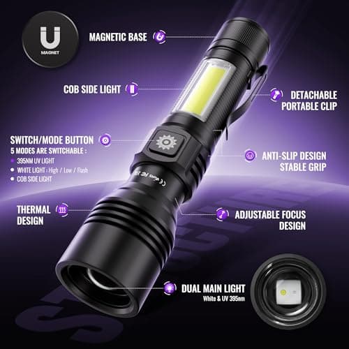 DARKDAWN 3 in1 Super Bright Flashlight & UV Flashlight 395nm, High Lumens USB Rechargeable Ultraviolet Blacklights,Handheld Portable Flash Lights for Camping, Outdoor Adventure, Pet Urine Stains - Thumbnail 2