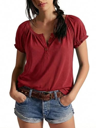 Mxrag Womens Short Sleeve Tops Scoop Neck Puff Ruffle Sleeve Henley Shirts Summer Fashion Casual Loose Fit T-Shirts 2026 Wine Red - Image 1