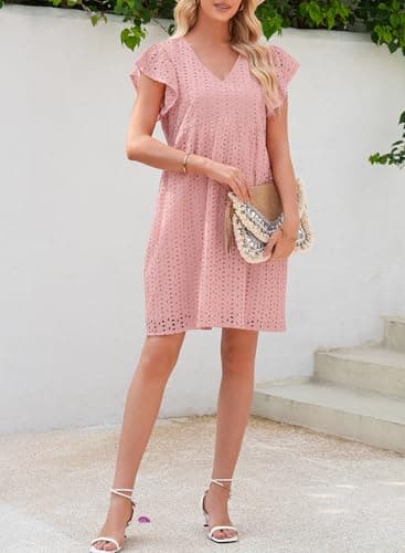 Dokotoo Beach Dresses for Women V Neck Sexy Dresses 2026 Fashion Hollow-Out Vacation Dress Ruffle Short Sleeve High Waist A Line Pink Mini Dress Pink Small - Thumbnail 5