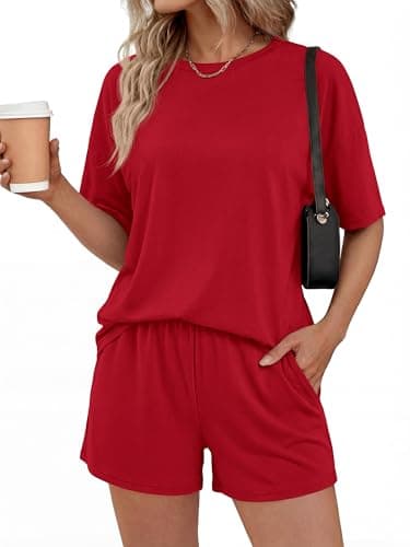 BTFBM 2 Piece Short Sets For Women 2026 Summer Airport Travel Vacation Outfits Loose Matching Clothing Spring Lounge Set(Red, Medium) - Image 1