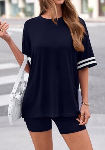 KIRUNDO 2 Piece Sets for Women Summer Lounge Set Airport Travel Outfit 2026 Oversized Shirts Matching Biker Shorts Clothing(Navy Blue, X-Large) - Thumbnail 4