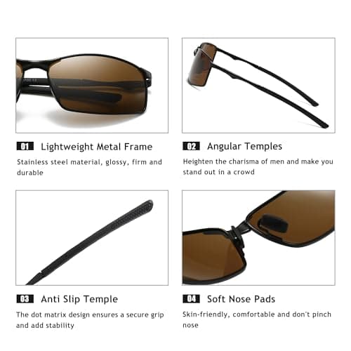 SUNGAIT Ultra Lightweight Polarized Sunglasses Men Rectangular Metal Frame with Spring Hinge (Black Frame Brown Lens) SGT559-HC - Thumbnail 3