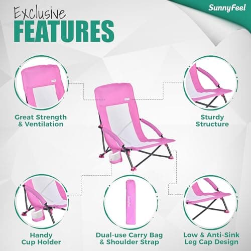 SUNNYFEEL Folding Low Camping Beach Chair 2 Pack, Lightweight Portable Lawn Chair with Mesh Back, Cup Holder for Outdoor/Travel/Picnic/Concert, Foldable Camp Backpack Chair with Carry Bag - Thumbnail 6