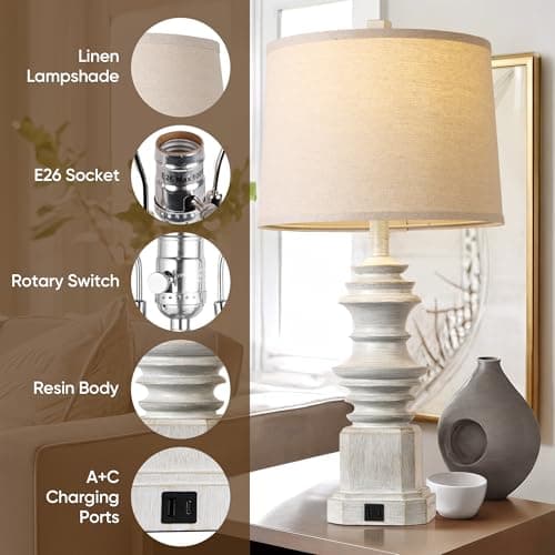 QiMH Table Lamps for Nightstand Set of 2, Bedside Lamp with USB A+C Charging Ports, Farmhouse Table Lamp with Linen Lampshade, Lamps for Living Room, Bedroom Lamps with LED Bulbs, Grey - Thumbnail 4