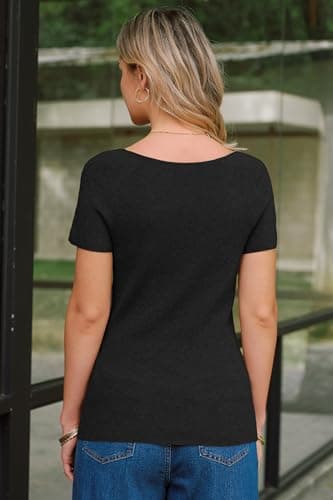 Arach&Cloz Women's 2026 Wool Blend Spring Summer Tops V Neck Short Sleeve Sweater Shirts Pullover Lightweight Soft Cozy Slim Fit Cashmere Stretchy Business Casual Outfits Work Tops Trendy Black L - Thumbnail 6