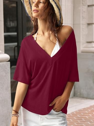 REORIA Women's Trendy Oversized V-Neck T Shirt Short Sleeve Off The Shoulder Contrast Stitching Loose Fit Tops for 2026 Spring Summer Burgundy Large - Thumbnail 3