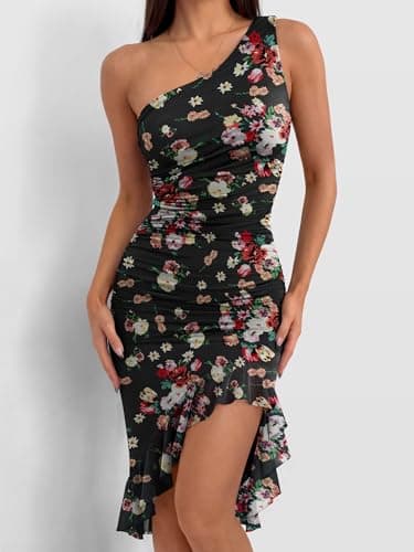 Caracilia Womens One Shoulder Dresses 2026 Summer Bodycon Ruched Mesh Cocktail Party Wedding Guest Sexy Night Club Midi Dress Floral Black Small - Thumbnail 2