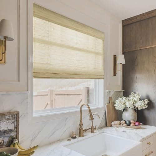 TWOPAGES Natural Woven Ramie Roman Shades, Custom Cordless No Drill or Motorized Bamboo Blinds for Indoor Windows Doors, Cashew - Thumbnail 2